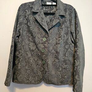 Vintage Erika Baroque Damask Pattern Green 3 Button Blazer Jacket Size Medium